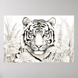 Tiger Friedlich Nature Prairie Sketch Zeichnend St Poster