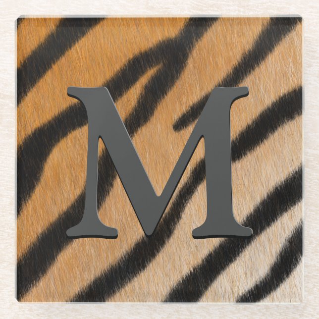 Tiger Fur Realistischer Tierdruck Mit Monogramm Glasuntersetzer (Vorderseite)