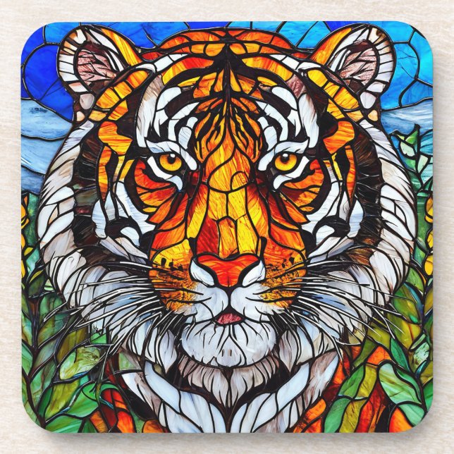 Tiger Glasmalerei Getränkeuntersetzer (Vorderseite)