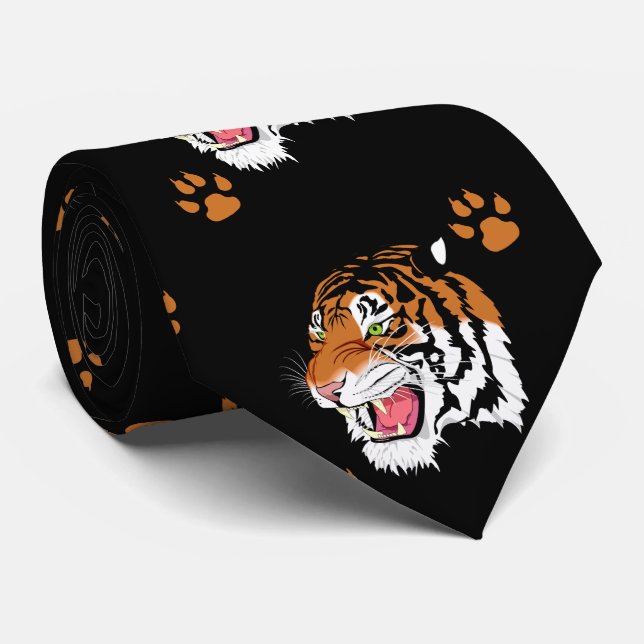 Tiger Head mit Paw-Prinzen auf schwarzen Necktie Krawatte (Gerollt)