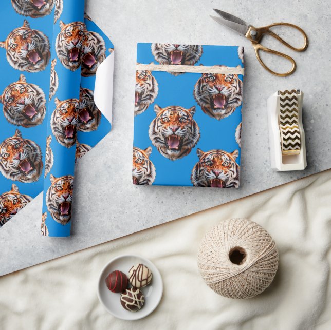 Tiger Head Pattern Design Blue  Geschenkpapier (Kunsthandwerk)