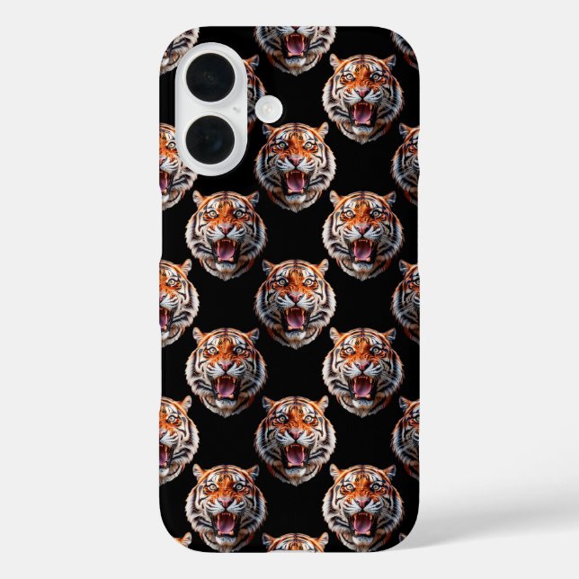 Tiger Head Pattern Design - Schwarz iPhone 16 Hülle (Rückseite)