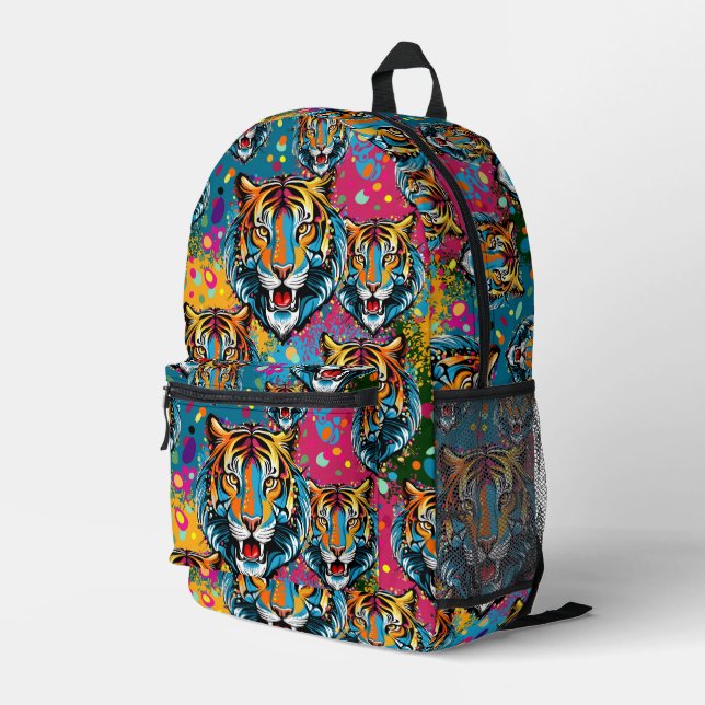 Tiger Head Regenbogen Farben Farbflecken Bedruckter Rucksack (Rückseitige Ecke Rechts)