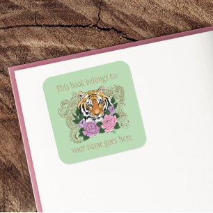 Tiger Henna Pink Purple Blumen Buchzeichen Quadratischer Aufkleber