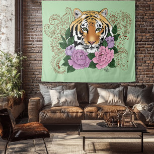 Tiger Henna Pink Purple Blumen Wandteppich