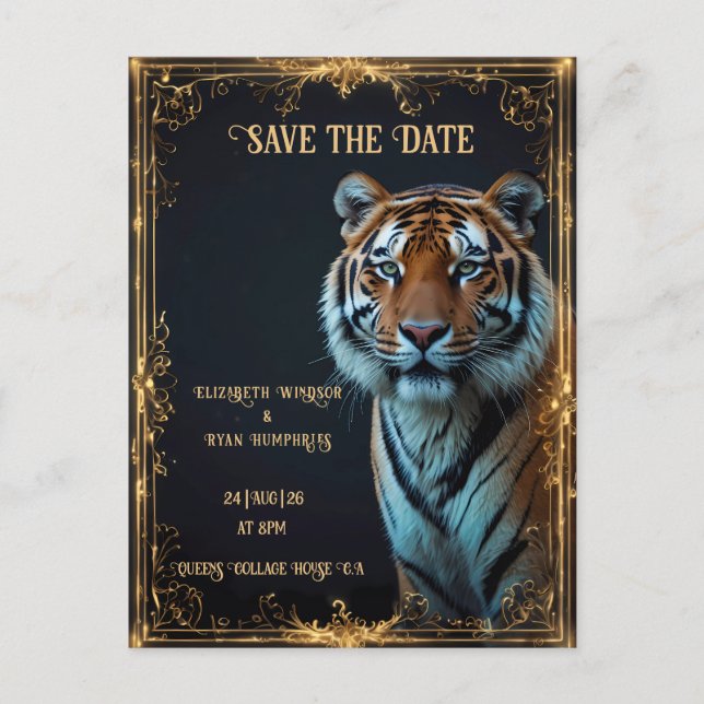 Tiger Hochzeit Einladung auf schwarz Postkarte (Vorderseite)