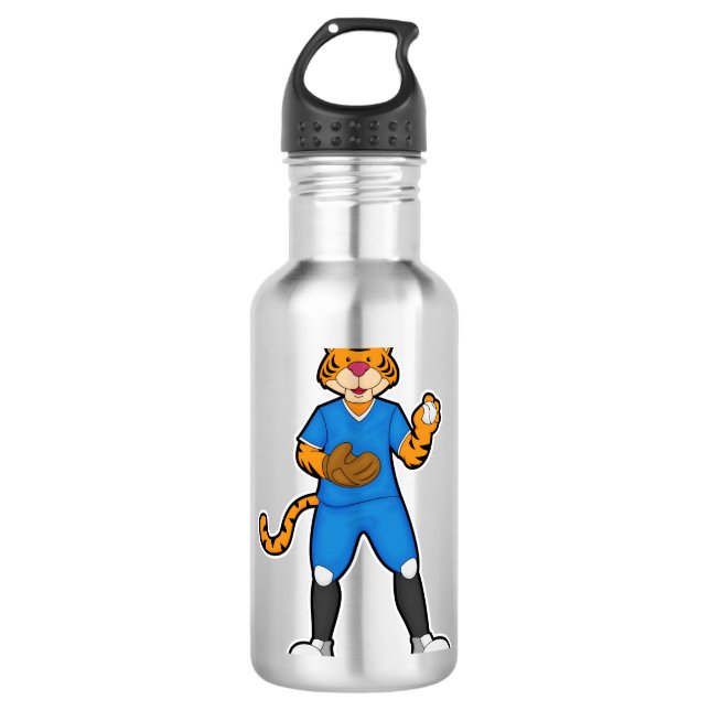 Tiger im Baseball mit Baseballhandschuh & Cap Edelstahlflasche (Vorderseite)