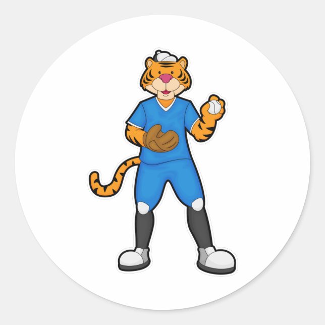 Tiger im Baseball mit Baseballhandschuh & Cap Runder Aufkleber (Vorderseite)