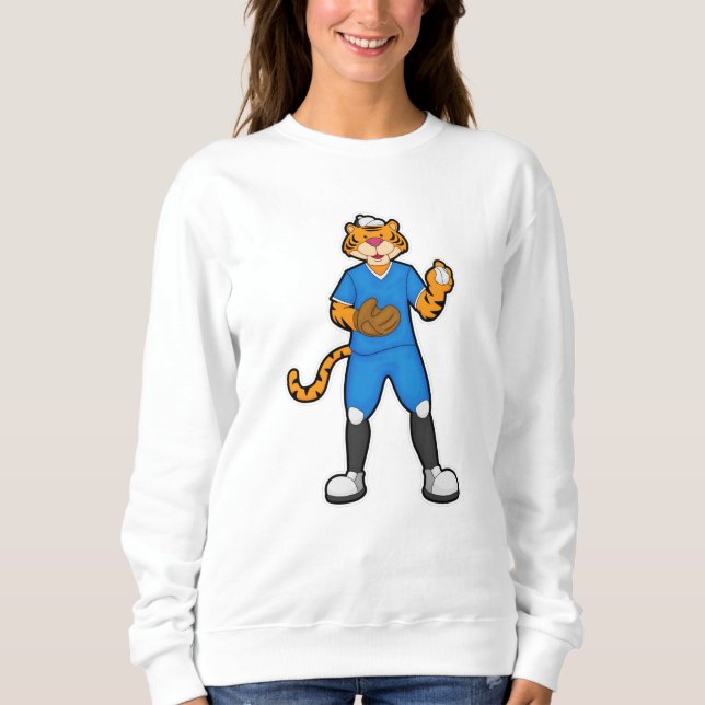 Tiger im Baseball mit Baseballhandschuh & Cap Sweatshirt (Vorderseite)