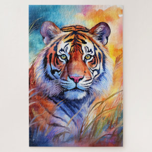 Tiger im Gras in Aquarell