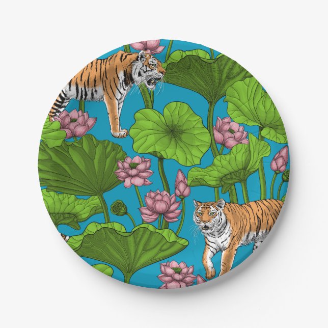 Tiger im rosa Lotusteich Pappteller (Vorderseite)