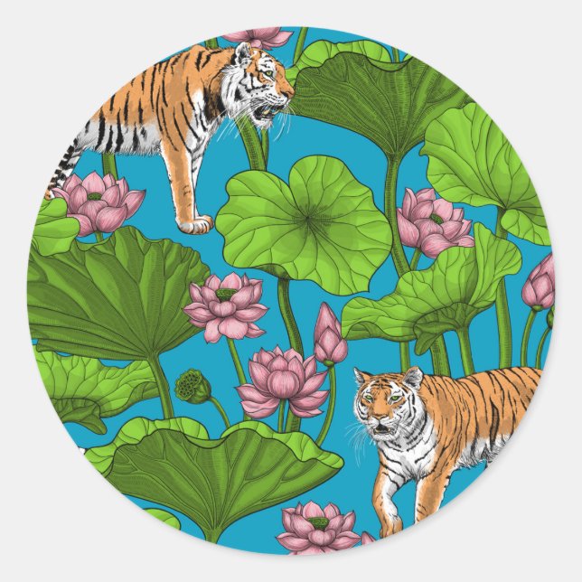 Tiger im rosa Lotusteich Runder Aufkleber (Vorderseite)