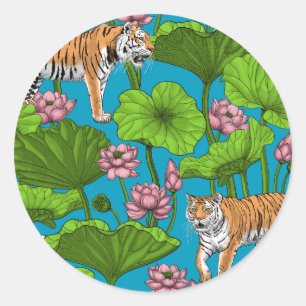 Tiger im rosa Lotusteich Runder Aufkleber