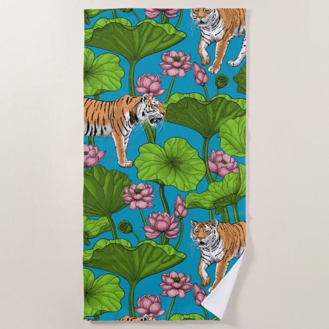 Tiger im rosa Lotusteich Strandtuch (Vorderseite)