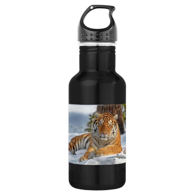 Tiger im Schnee Edelstahlflasche (Vorderseite)