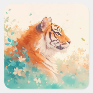 Tiger im üppigen pastellfarbenen botanischen Blume Quadratischer Aufkleber