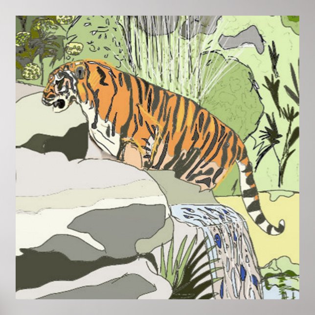 Tiger im Wasserfall Poster (Vorne)