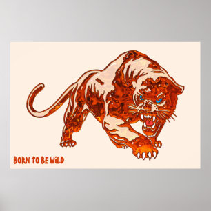 Tiger in den orange Flammen mit blauen Augen Poster