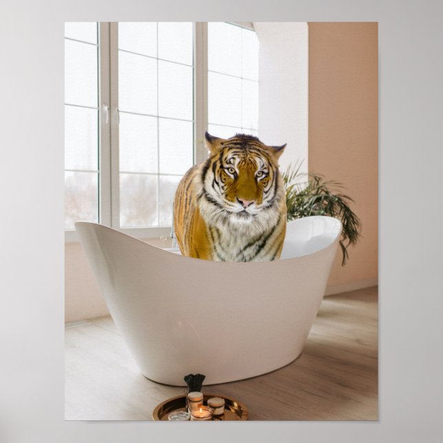 Tiger in der Badewanne Schwarz-weißes Badehotelkun Poster (Vorne)
