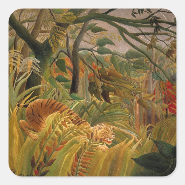 Tiger in einem tropischen Sturm von Henri Rousseau Quadratischer Aufkleber (Vorderseite)