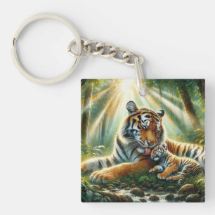 Tiger in einem üppigen Dschungel Wasserfarben Male Schlüsselanhänger