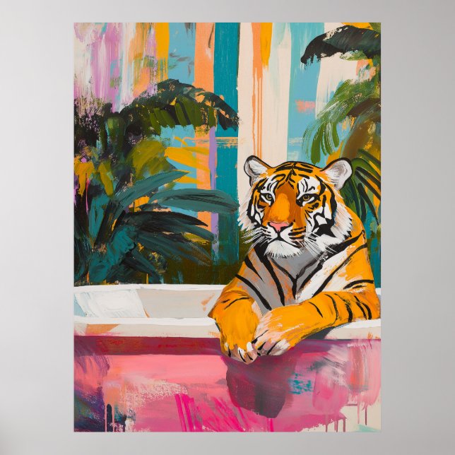 Tiger in einer Badewanne: Tropischer Garten Poster (Vorne)