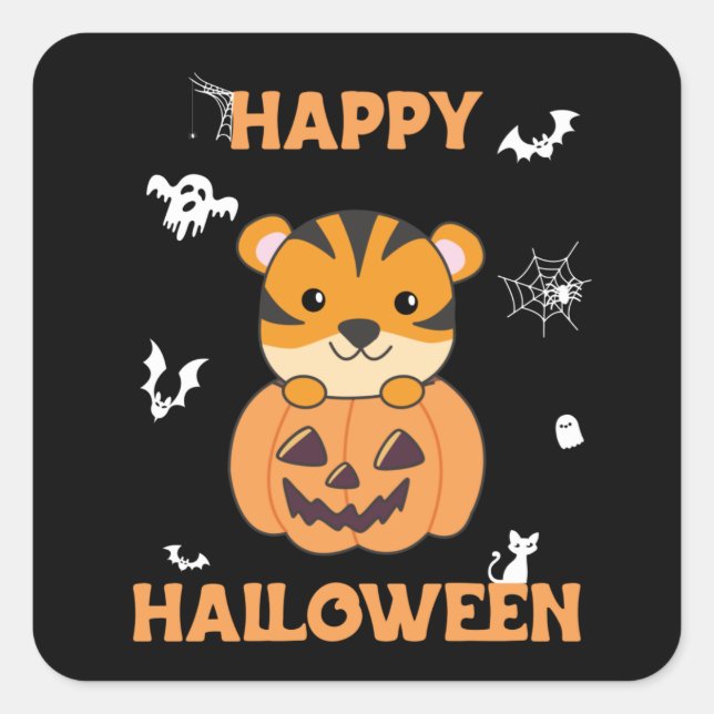 Tiger in Pumpkin Sweet Tiger Happy Halloween Squar Quadratischer Aufkleber (Vorderseite)
