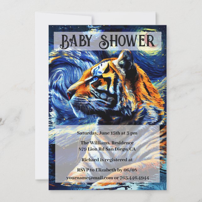 Tiger Jungle Animal & Starry Night Baby Dusche Einladung (Vorderseite)