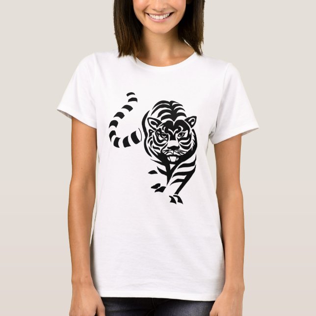 Tiger Katze Big Schwarz-weiß Stripes Prowl Walk T-Shirt (Vorderseite)