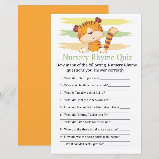Tiger Kinderzimmer Rhyme Quiz Kinderduschenspiel (Vorne/Hinten)