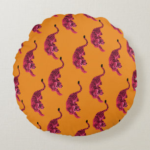 Tiger - Lebendiges Pink Rundes Kissen