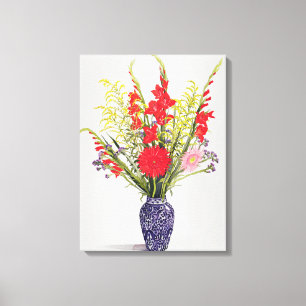 Tiger-LilienGladioli und Scabious in einem Blau Leinwanddruck