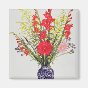 Tiger-LilienGladioli und Scabious in einem Blau Magnet