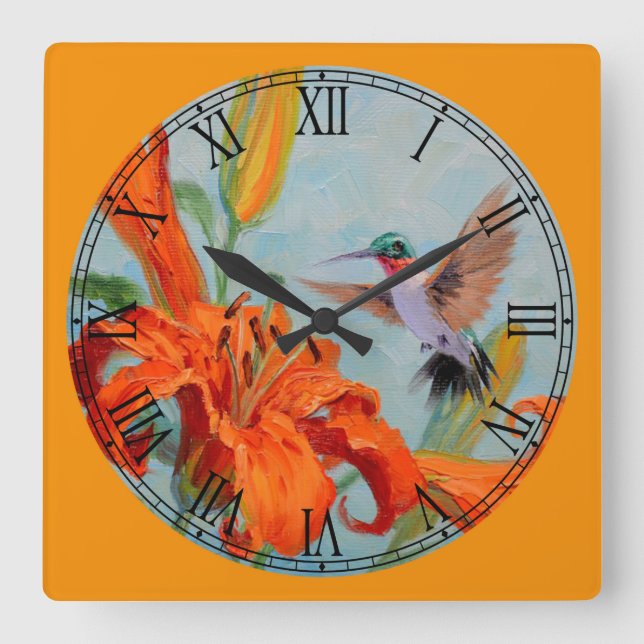 Tiger Lilies & Hummingbird Feine Kunst, Dichtung u Quadratische Wanduhr (Vorderseite)