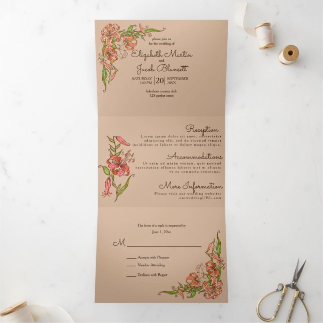 Tiger Lily All in One Wedding Dreifach Gefaltete Einladung (Innenseite)
