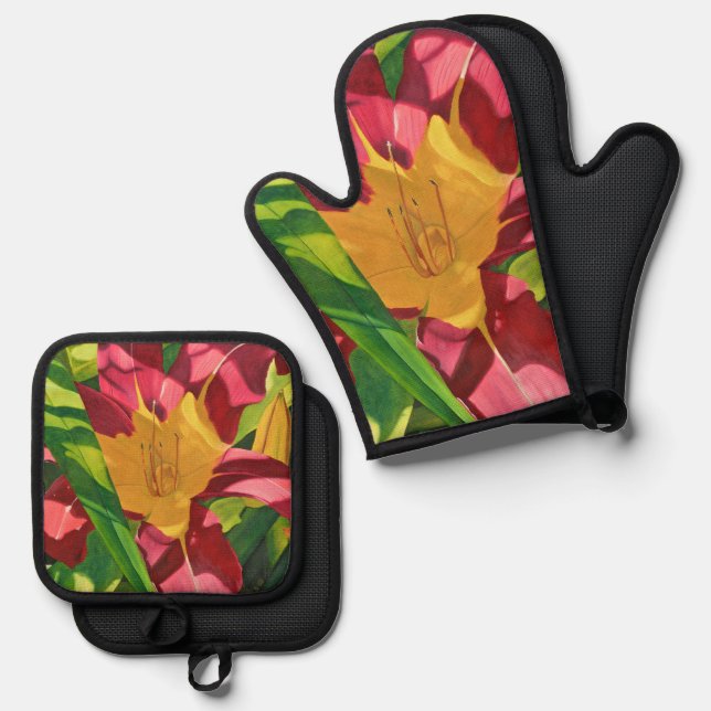 Tiger Lily Floral Ofenhandschuh & Topflappen-Set (Vorderseite/Rückseite)