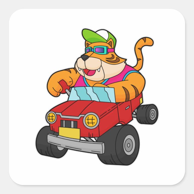 Tiger mit Auto Quadratischer Aufkleber (Vorderseite)