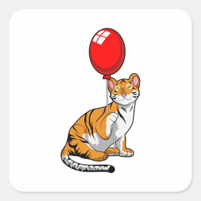 Tiger mit Ballon Quadratischer Aufkleber (Vorderseite)