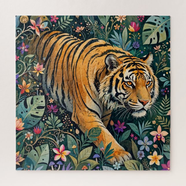 Tiger mit Bernstein-Augen Fantasy-Dschungelflora (Vertikal)