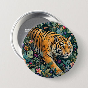 Tiger mit Bernstein-Augen Fantasy-Dschungelflora Button