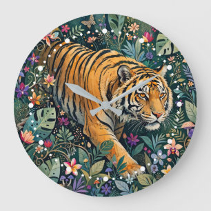 Tiger mit Bernstein-Augen Fantasy-Dschungelflora Große Wanduhr