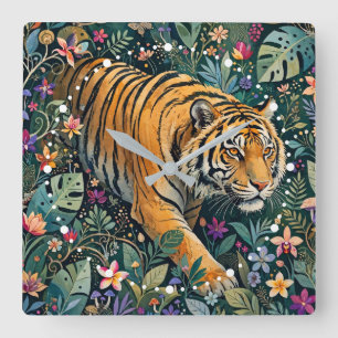 Tiger mit Bernstein-Augen Fantasy-Dschungelflora Quadratische Wanduhr