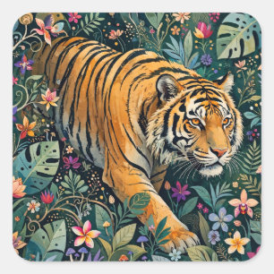 Tiger mit Bernstein-Augen Fantasy-Dschungelflora Quadratischer Aufkleber