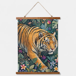 Tiger mit Bernstein-Augen Fantasy-Dschungelflora Wandteppich Mit Holzrahmen
