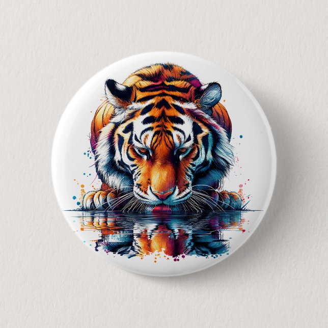 Tiger mit Blick auf Reflektion im Wasser Button (Vorderseite)