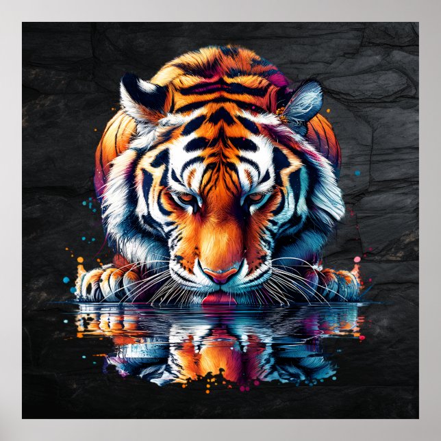 Tiger mit Blick auf Reflektion im Wasser Poster (Vorne)