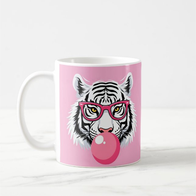 Tiger mit Brille und blühendem rosafarbenem Kaugum Kaffeetasse (Links)