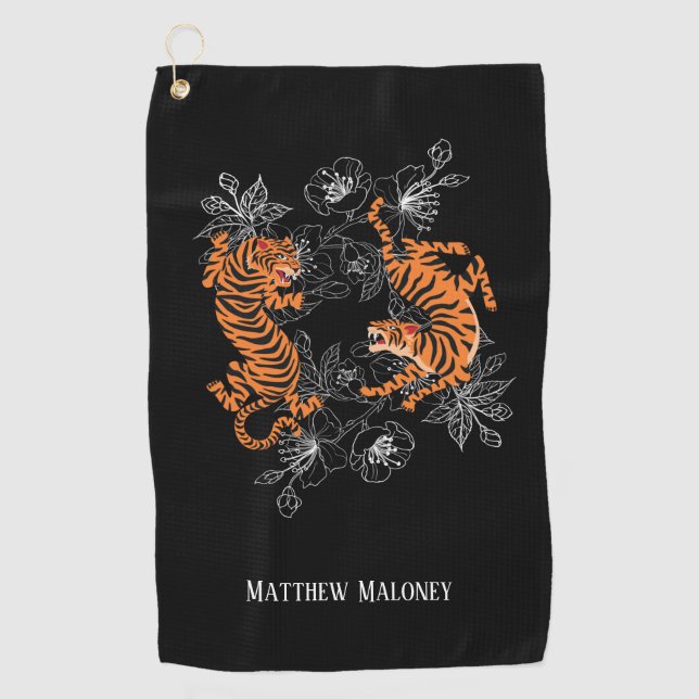 Tiger mit Cherry Blossom Golf Ihr Name Golfhandtuch (Vorderseite)