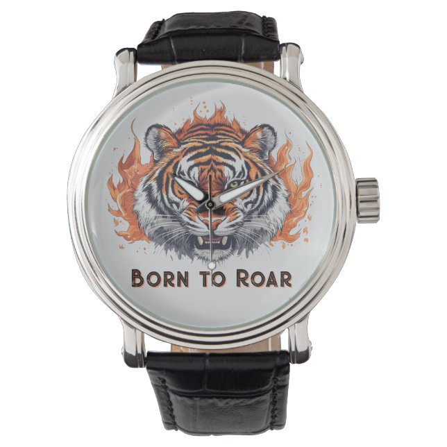 Tiger mit Flammen - Anpassbarer Text Armbanduhr (Vorderseite)