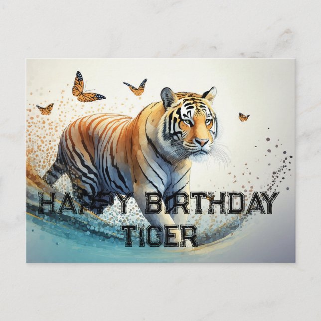 Tiger mit Schmetterlingen Glücklicher Geburtstag Postkarte (Vorderseite)